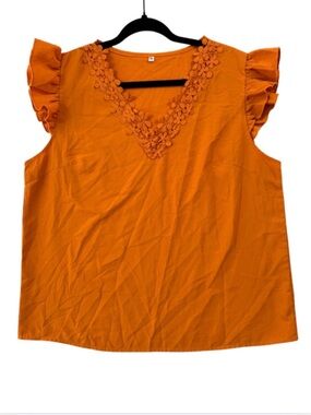 Amazon Orange Floral Appliqué V-Neck Ruffle Sleeve Blouse